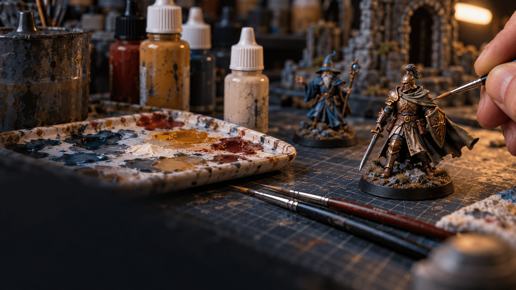 Miniaturas de fantasía sobre una mesa de pintura con pinceles, botes y mezclas de colores